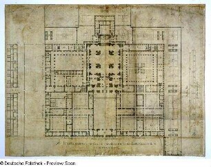 Grundriß des Escorial in Madrid (17. oder 18. Jh.; Stich; 48,0 x 62,0 cm). Sächsische Landesbibliothek – Staats- und Universitätsbibliothek Dresden, Handschriftensammlung, Mscr. Dresd. L. 4/Blatt 1
