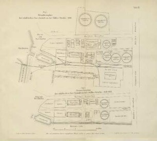 Tafel IV. Fig. 1. Situationsplan der städtischen Gas-Anstalt an der Müller-Strasse. 1896 ; Fig. 2. Situationsplan der städtischen Gas-Anstalt an der Müller-Strasse. 1859-1861