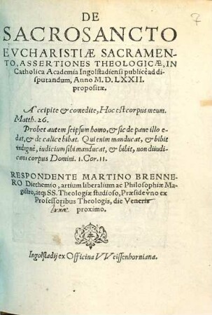 De Sacrosancto Evcharistiae Sacramento, Assertiones Theologicae ...