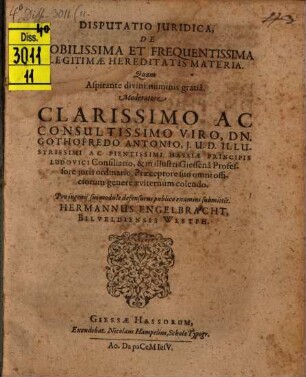 Disp. iur. de nobilissima et frequentissima legitimae hereditatis materia