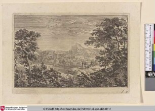 [Reisende auf dem Weg in eine Stadt; Travellers on a road leading to a town]