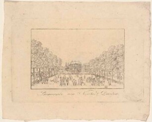 Dresden, die Promenade auf der Hauptstraße in der Neustadt nach Süden mit Blick auf das Reiterstandbild August des Starken (Goldenen Reiter), das Blockhaus, die Augustusbrücke und die Altstadt