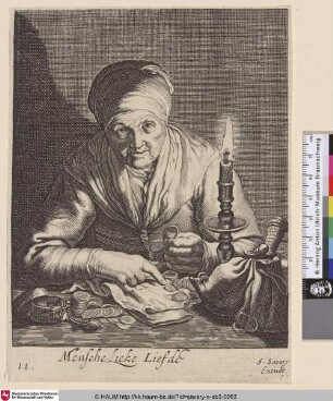 [Eine alte Frau bei Kerzenschein Geld zählend; Allegory of earthly vanity: Old woman counting money by candlelight]