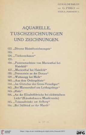 Aquarelle, Tuschezeichnungen und Zeichnungen (Nr. 132-146)