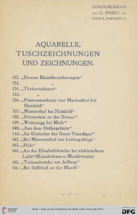 Aquarelle, Tuschezeichnungen und Zeichnungen (Nr. 132-146)