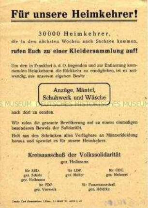 Aufruf der Volkssolidarität zu einer Kleidersammlung für die Heimkehrer
