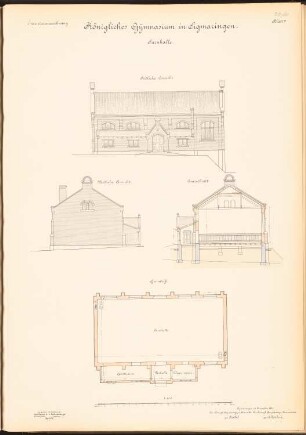 Gymnasium, Sigmaringen: Turnhalle: Südliche und westliche Ansicht, Querschnitt, Grundriss 1:100