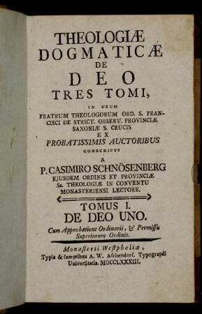 1: Theologiæ Dogmaticæ De Deo Tres Tomi. Tomus I
