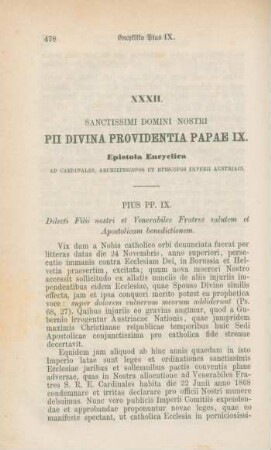 478-484 Encyclika Pius IX. über die Erklärung der österreichischen Kirchengesetze