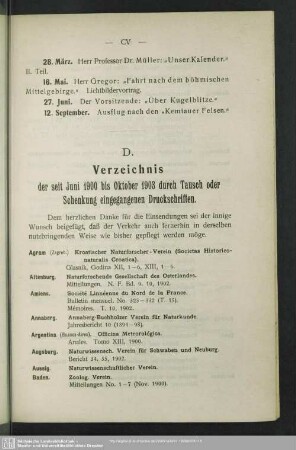 D. Verzeichnis der seit Juni 1900 bis Oktober 1903 durch Tausch oder Schenkung eingegangenen Druckschriften