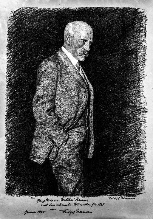 Karte von Fridtjof Nansen an Walther Bruns : Karte mit einem Portrait von Fridtjof Nansen (1861-1930) an Walther Bruns (1889-1955) zum neuen Jahr 1925. Aufschrift: "An Hauptmann Walther Bruns mit den wärmsten Wünschen für 1925 von Fridtjof Nansen, Januar 1925."