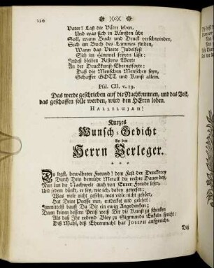 Kurzes Wunsch-Gedicht An den Herrn Verleger.