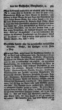Statistische Tabelle über die vornehmsten europäischen Staaten.