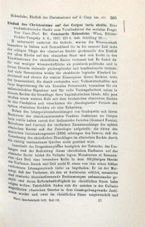 395-396 [Rezension] Hohenlohe, Konstantin, Einfluss des Christentums auf das Corpus juris civilis