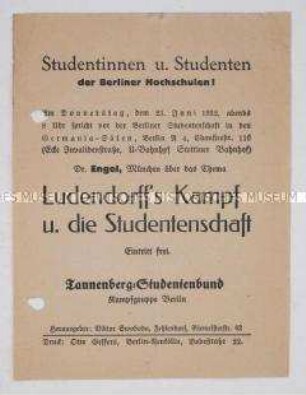 Handzettel mit der Einladung zu einem Vortrag über Ludendorff