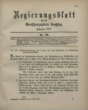 Nr. 105: Ministerialverordnung vom 3. Juni 1918 über Maßnahmen zur Beschränkung des Fremdenverkehrs
