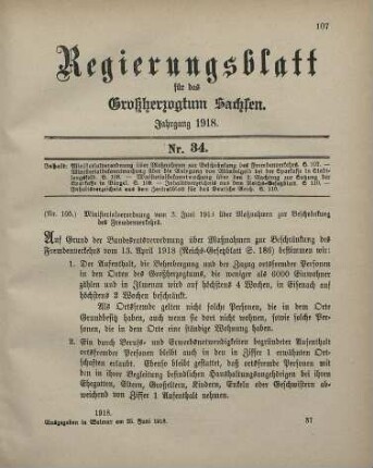 Nr. 105: Ministerialverordnung vom 3. Juni 1918 über Maßnahmen zur Beschränkung des Fremdenverkehrs