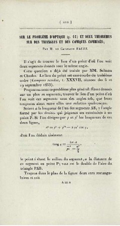 Sur le problème d'optique (p. 44) et deux theorèmes sur des triangles et des coniques combinés.