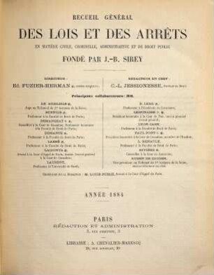 Recueil général des lois et des arrêts. 1884