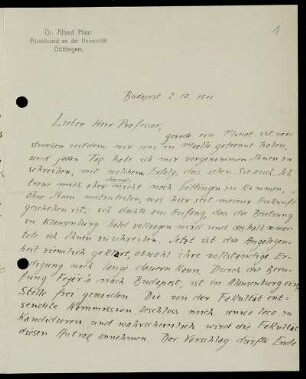 Nr. 1: Brief von Alfred Haar an David Hilbert, Budapest, 2.10.1911