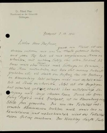 Nr. 1: Brief von Alfred Haar an David Hilbert, Budapest, 2.10.1911