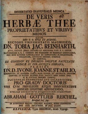Diss. inaug. med. de veris herbae Thee proprietatibus et viribus medicis