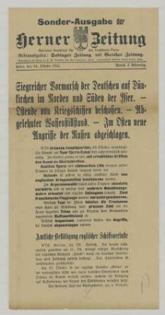 "Siegreicher Vormarsch der Deutschen auf Dünkirchen im Norden und Süden der Yser."