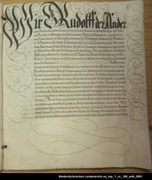 Kaiser Rudolf II. bestätigt dem Grafen Edzard II. von Ostfriesland das Erstgeburtsrecht als Nachfolgeordnung Ausstellungsort: Prag Anhängendes Siegel beschädigt erhalten; Unterschrift