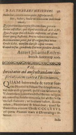 VII. Invitatio ad auscultandam dissertationem contra Photinianos.