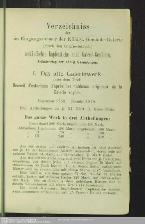 Verzeichniss der im Eingangszimmer der Königl. Gemälde-Galerie (durch den Galerie-Secretär) verkäuflichen Kupferstiche nach Galerie-Gemälden