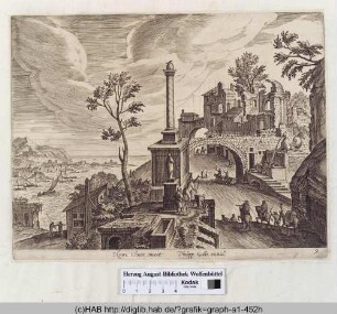 Dorf am Meer mit Phantasieruinen und Säule.