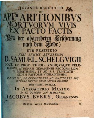 De apparitionibus mortuorum vivis ex pacto factis, von der abgeredeten Erscheinung nach dem Tode