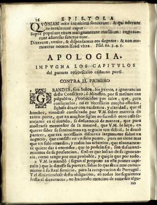 Apologia Impugna Los Capitulos del parecer retro escrito cada uno porfi. Contra El Primero [ - ] Contra El III. Capitulo.