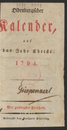 1794: Oldenburgischer Kalender