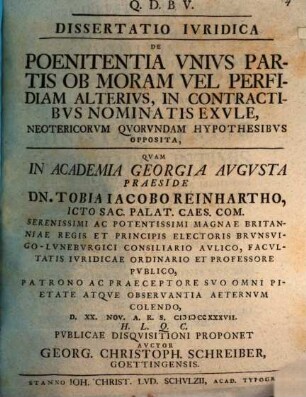 Diss. iur. de poenitentia unius partis ob moram vel perfidiam alterius, in contractibus nominatis exule