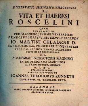 Dissertatio historico-theologica de vita et haeresi Roscelini