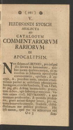 V. Ferdinandi Stosch Analecta Ad Catalogum Commentariorum Rariorum In Apocalypsin.