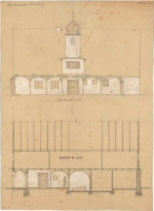 Fick, Roderich; Herrsching; Friedhof mit Leichenhaus und Kapelle - Leichenhaus (Ansicht von Süden; Schnitt)