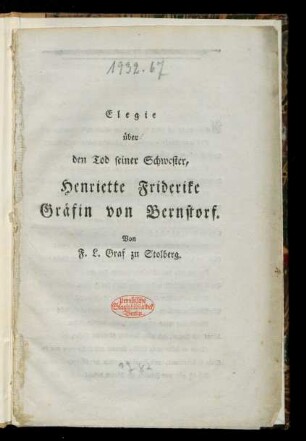 Elegie über den Tod seiner Schwester, Henriette Friderike Gräfin von Bernstorf