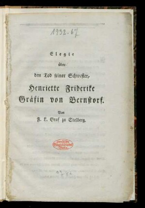 Elegie über den Tod seiner Schwester, Henriette Friderike Gräfin von Bernstorf