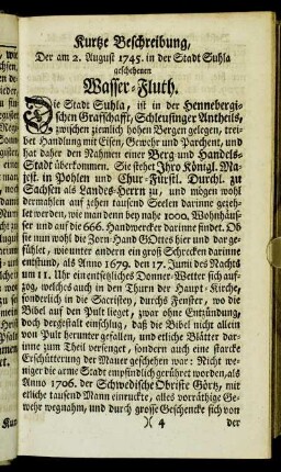 Kurtze Beschreibung, Der am 2. August 1745. in der Stadt Suhla geschehenen Wasser-Fluth. - Buß- und Danck-Gebet.