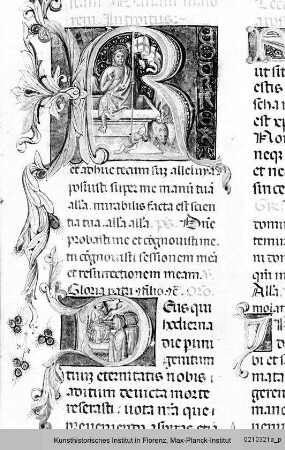 Missale Romanum : Textseite mit Bordüre und historisierten Initialen: Auferstandener (R) und Frauen am Grabe (D)