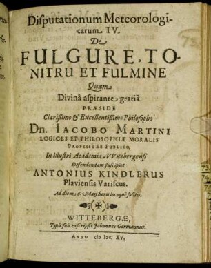 Disputationum Meteorologicarum IV. De Fulgure, Tonitru Et Fulmine