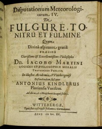 Disputationum Meteorologicarum IV. De Fulgure, Tonitru Et Fulmine