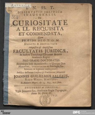 Dissertatio Juridica Inauguralis De Curiositate A Ll. Requisita Et Commendata