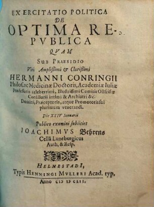 Exercitatio politica De optima republica