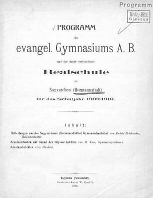 1. Teil: Mitteilungen aus der Geschichte der Nagyszebener (Hermannstädter) Gymnasialmatrikel