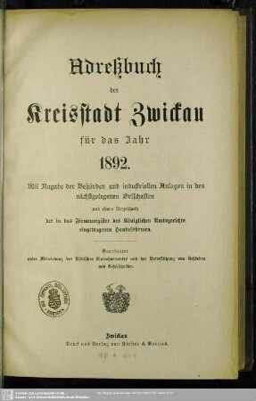 1892: Adreßbuch der Kreisstadt Zwickau