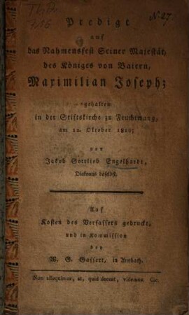 Predigt auf das Nahmensfest Seiner Majestät des Königs von Baiern Maximilian Joseph