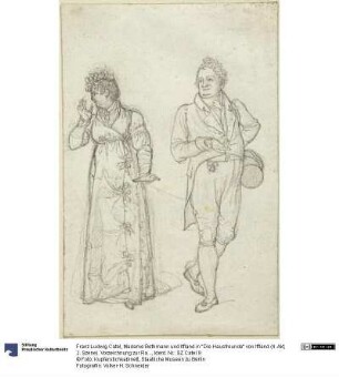 Madame Bethmann und Iffland in "Die Hausfreunde" von Iffland (4. Akt, 2. Szene). Vorzeichnung zur Radierung im "Almanach für Theaterfreunde auf das Jahr 1807" von August Wilhelm Iffland
